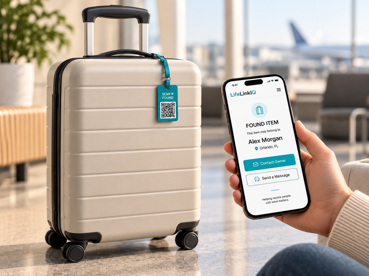 A lost suitcase with a scannable return tag and owner contact page